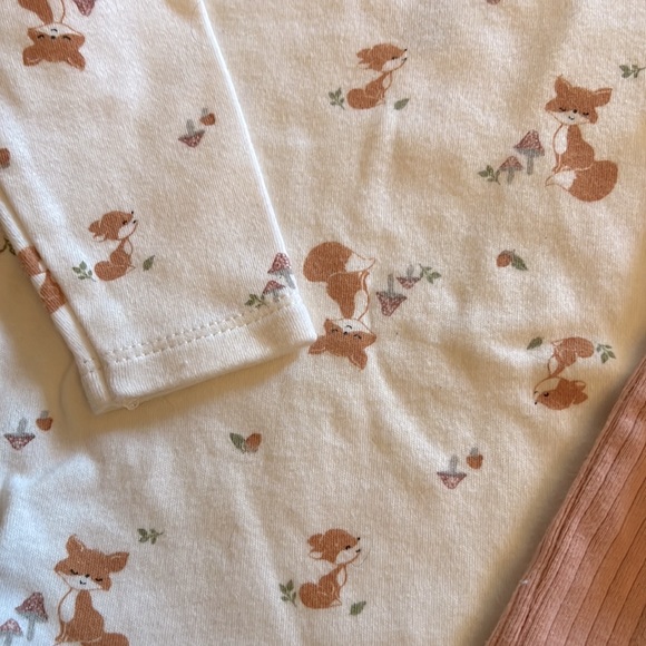 Rabbit Bear Ribbed Knit Pink Button Down Onesie + Fox Graphic Print Long Sleeve - Picture 3 of 8